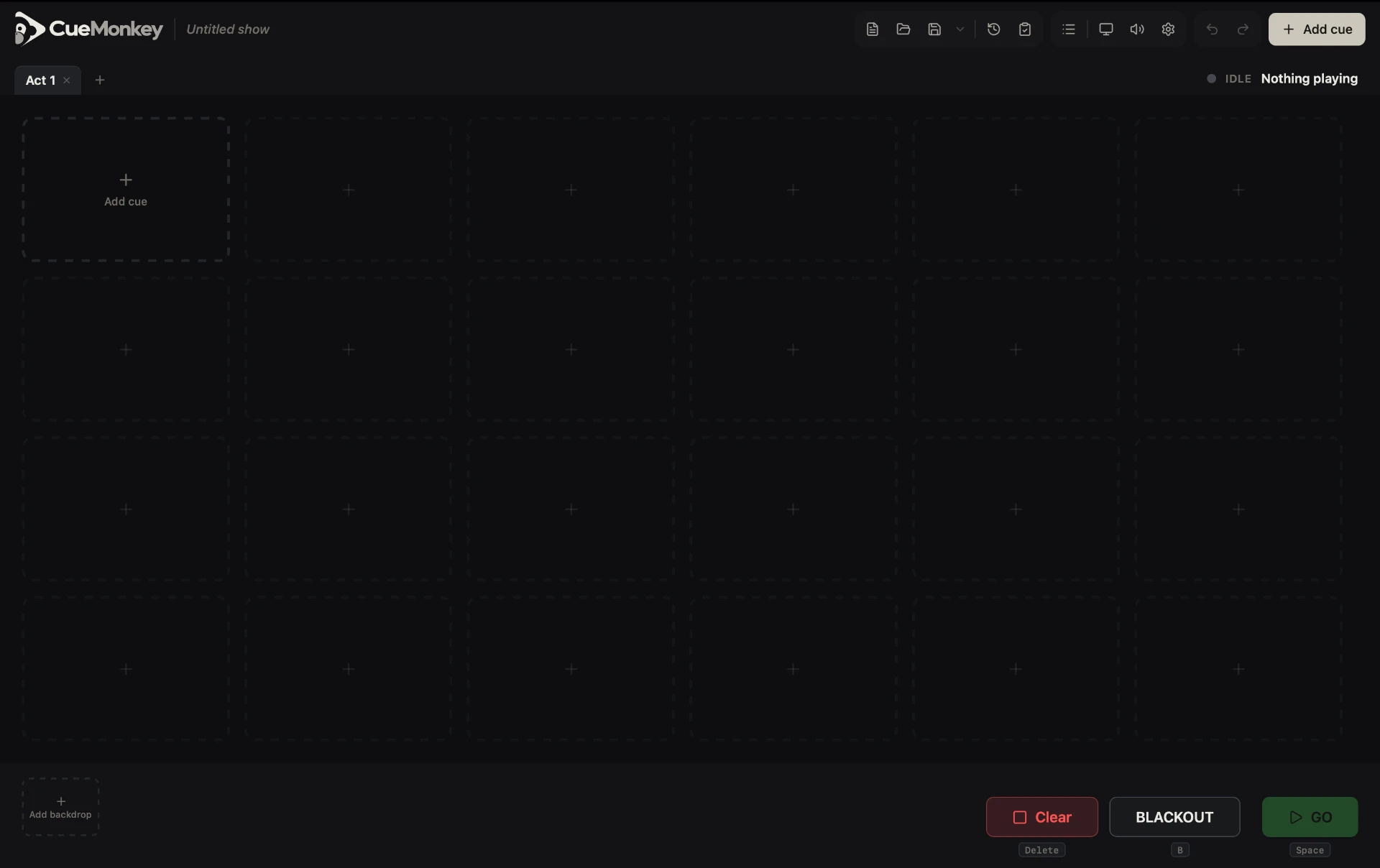 CueMonkey interface showing a grid of media cues and live playback controls
